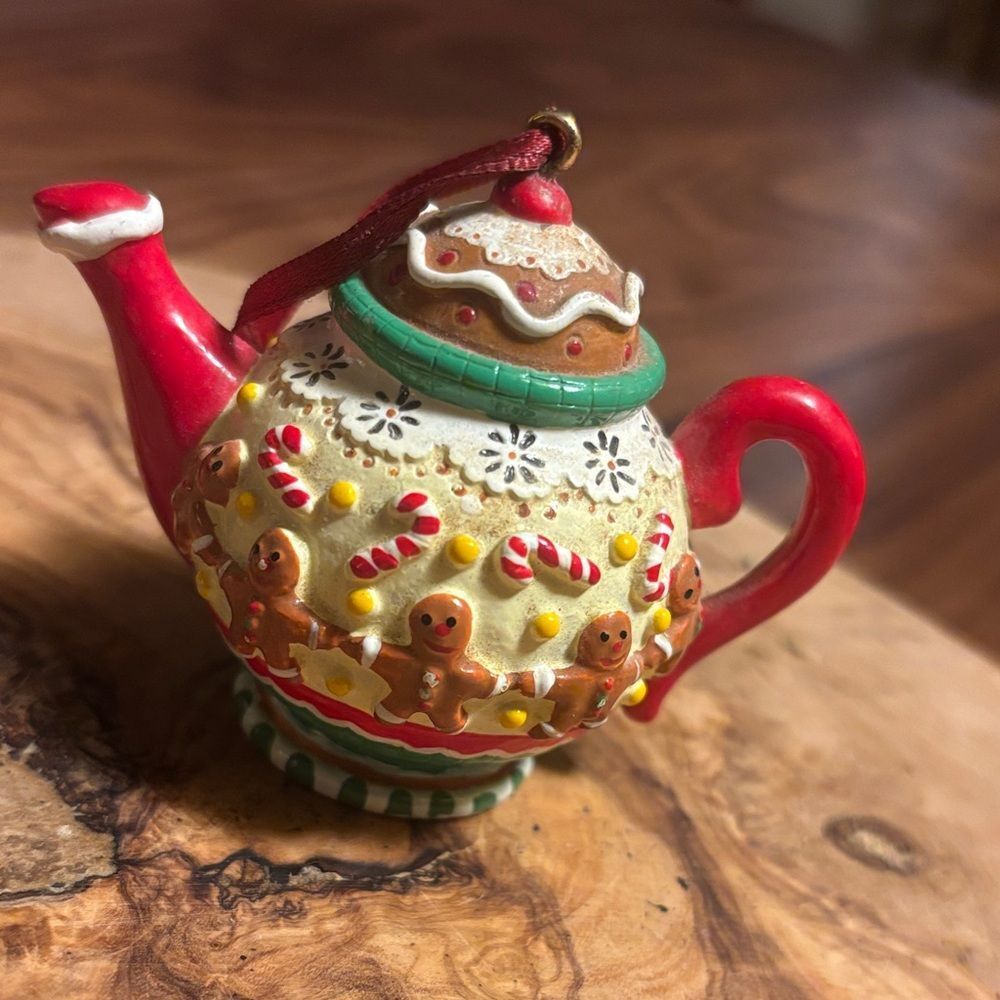 Mary Engelbreit Gingerbread Teapot Ornament - Red and Cream